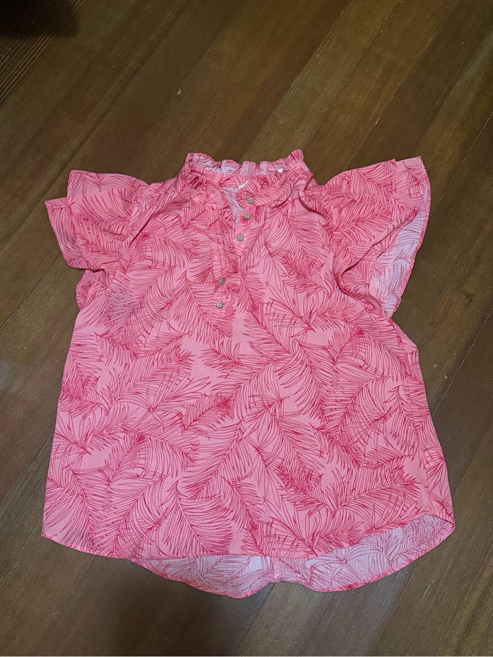 easel Pink Palm-Print Ruffle Neck Flutter Sleeve Top